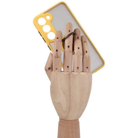 Etui z uchwytem na palec Bizon Case Hybrid Ring do Galaxy S23, przydymione z żółtą ramką