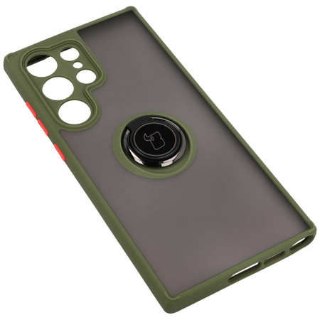 Etui z uchwytem na palec Bizon Case Hybrid Ring do Galaxy S23 Ultra, przydymione z zieloną ramką