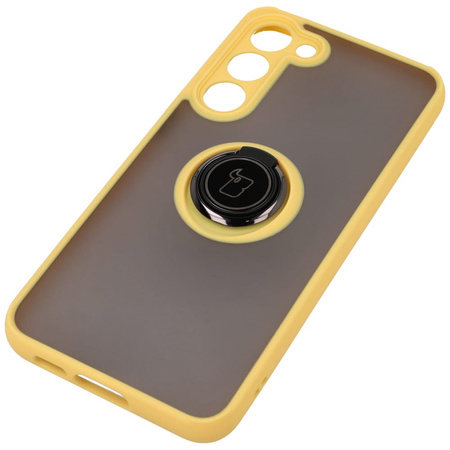 Etui z uchwytem na palec Bizon Case Hybrid Ring do Galaxy S23 Plus, przydymione z żółtą ramką