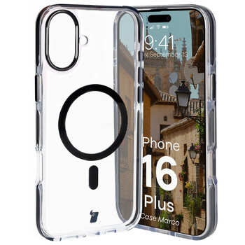 Etui z pierścieniem magnetycznym Bizon Case Marco do iPhone 16 Plus, przezroczyste z czarną ramką