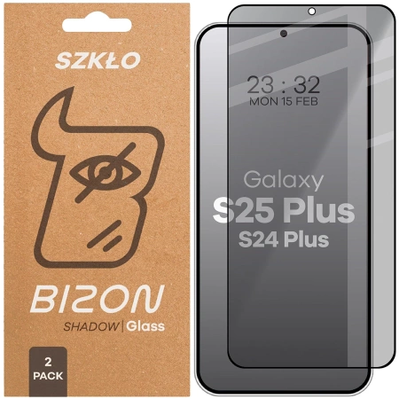 Prywatyzujące szkło hartowane Bizon Glass Edge Shadow Duo do Galaxy S25 Plus / S24 Plus, przyciemniane z czarną ramką, 2 sztuki