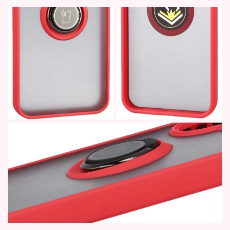 Etui z uchwytem na palec Bizon Case Hybrid Ring do Xiaomi POCO F7, przydymione z czerwoną ramką