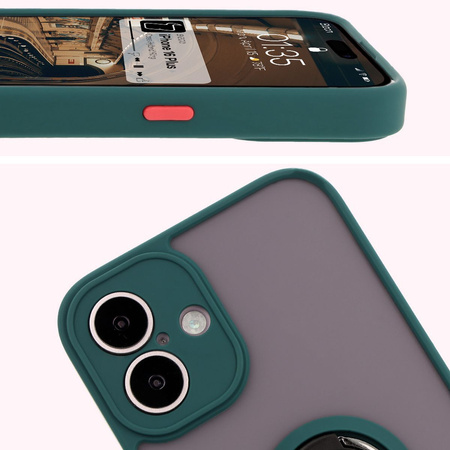 Etui z uchwytem na palec Bizon Case Hybrid Ring do iPhone 16 Plus, przydymione z ciemnozieloną ramką