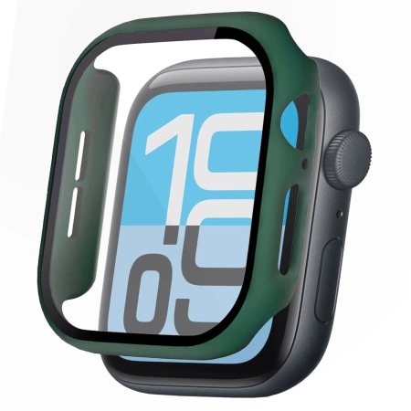 Etui ze szkłem do zegarka Bizon Case Watch Adamo do Apple Watch SE 3 / SE 2 / SE / 6 / 5 / 4 (44 mm), matowe ciemnozielone