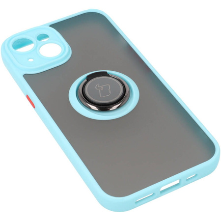 Etui z uchwytem na palec Bizon Case Hybrid Ring do iPhone 14, przydymione z jasnoniebieską ramką
