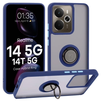Etui z uchwytem na palec Bizon Case Hybrid Ring do Realme 14 5G / 14T 5G, przydymione z granatową ramką