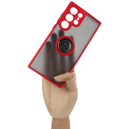 Etui z uchwytem na palec Bizon Case Hybrid Ring do Galaxy S23 Ultra, przydymione z czerwoną ramką