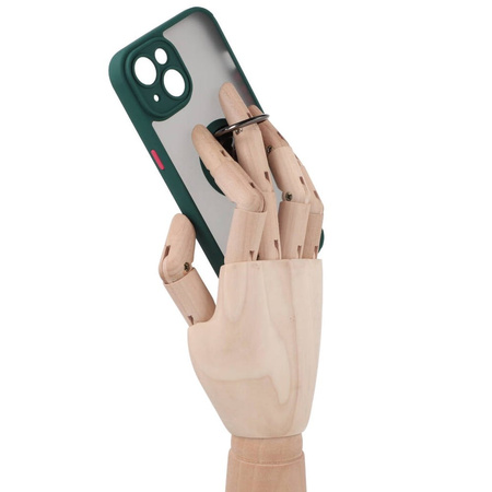 Etui z uchwytem na palec Bizon Case Hybrid Ring do iPhone 14, przydymione z ciemnozieloną ramką