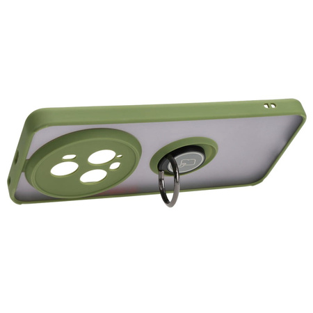 Etui z uchwytem na palec Bizon Case Hybrid Ring do Honor Magic5 Pro, przydymione z zieloną ramką