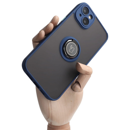 Etui z uchwytem na palec Bizon Case Hybrid Ring do iPhone 14 Plus, przydymione z granatową ramką