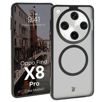 Etui z pierścieniem magnetycznym Bizon Case MatteO do Oppo Find X8 Pro, półprzezroczyste z czarną ramką