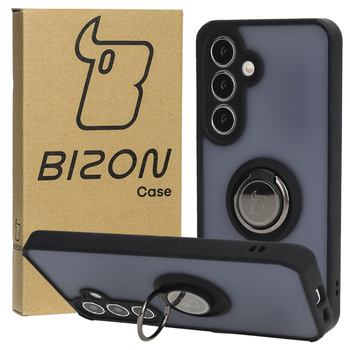 Etui z uchwytem na palec Bizon Case Hybrid Ring do Galaxy S25 / S24, przydymione z czarną ramką
