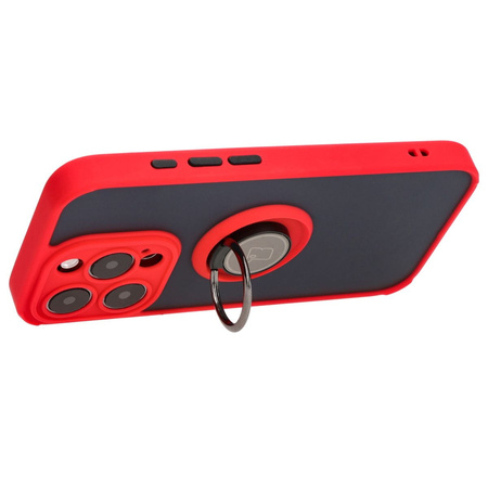 Etui z uchwytem na palec Bizon Case Hybrid Ring do iPhone 15 Pro, przydymione z czerwoną ramką