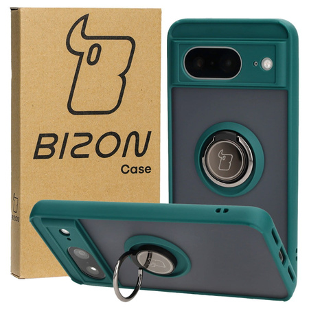 Etui z uchwytem na palec Bizon Case Hybrid Ring do Google Pixel 8, przydymione z ciemnozieloną ramką