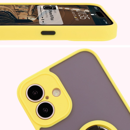 Etui z uchwytem na palec Bizon Case Hybrid Ring do iPhone 16 Plus, przydymione z żółtą ramką