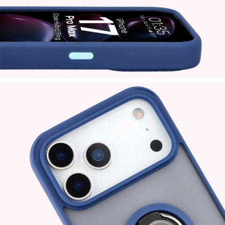 Etui z uchwytem na palec Bizon Case Hybrid Ring do iPhone 17 Pro Max, przydymione z granatową ramką