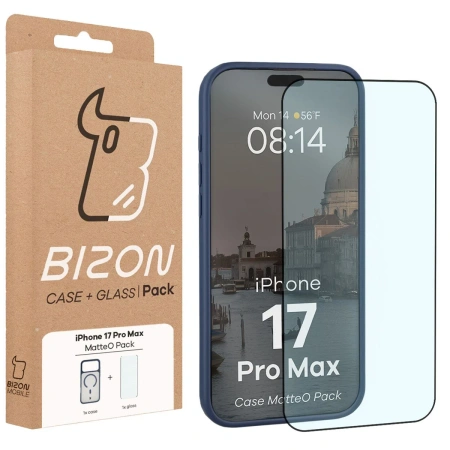 Etui z pierścieniem magnetycznym + szkło hartowane Bizon MatteO Pack do iPhone 17 Pro Max, przydymione-granatowe