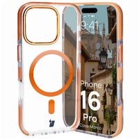 Etui z pierścieniem magnetycznym Bizon Case Marco do iPhone 16 Pro, przezroczyste z pomarańczową ramką
