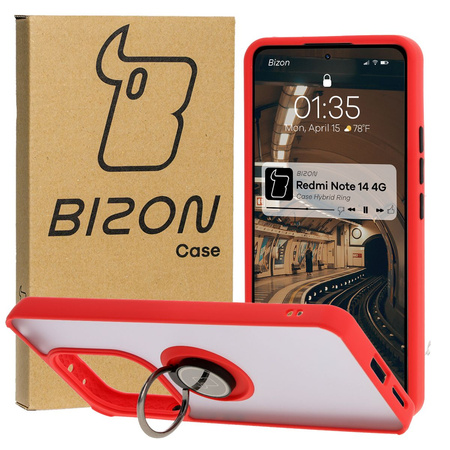 Etui z uchwytem na palec Bizon Case Hybrid Ring do Xiaomi Redmi Note 14 4G, przydymione z czerwoną ramką