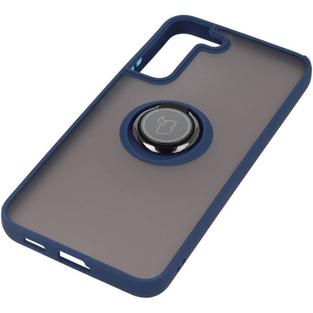 Etui z uchwytem na palec Bizon Case Hybrid Ring do Galaxy S22 Plus, przydymione z granatową ramką