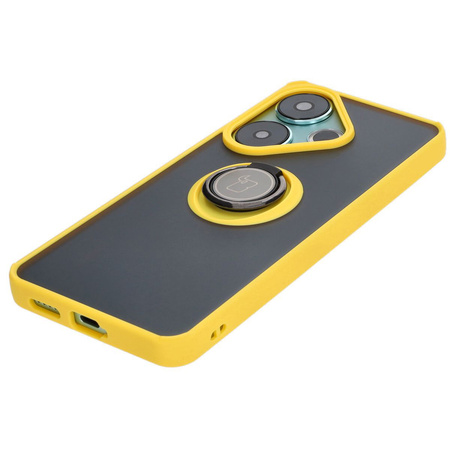 Etui z uchwytem na palec Bizon Case Hybrid Ring do Xiaomi Poco F6, przydymione z żółtą ramką