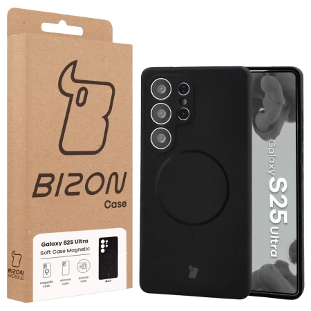 Silikonowe etui z pierścieniem magnetycznym Bizon Soft Case Magnetic do Galaxy S25 Ultra, czarne