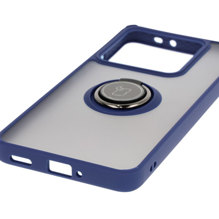 Etui z uchwytem na palec Bizon Case Hybrid Ring do Xiaomi 14T Pro, przydymione z granatową ramką