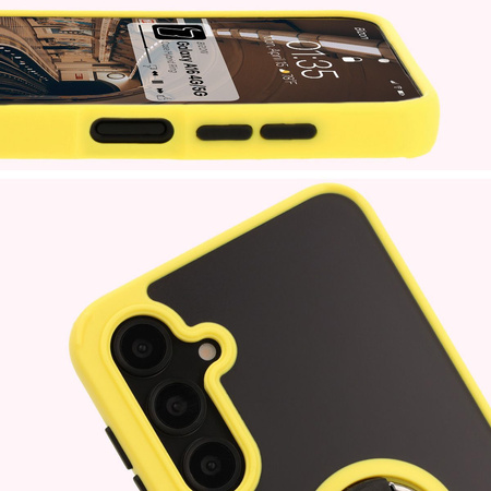 Etui z uchwytem na palec Bizon Case Hybrid Ring do Galaxy A16 4G/5G, przydymione z żółtą ramką
