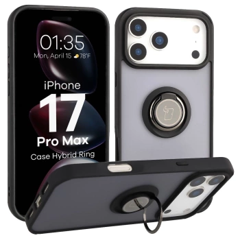 Etui z uchwytem na palec Bizon Case Hybrid Ring do iPhone 17 Pro Max, przydymione z czarną ramką