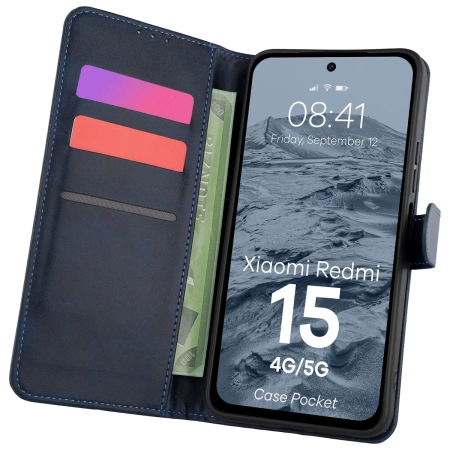 Etui z klapką Bizon Case Pocket do Xiaomi Redmi 15 4G / 5G, granatowe