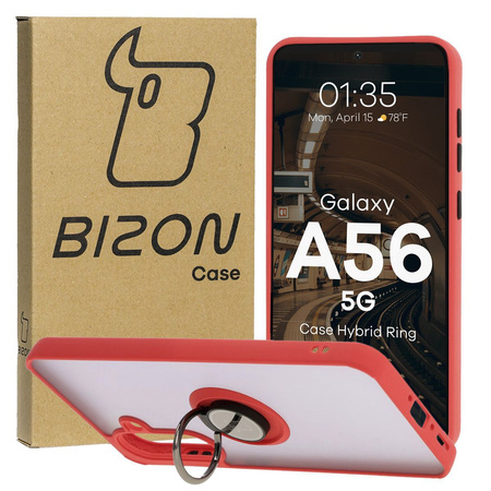 Etui z uchwytem na palec Bizon Case Hybrid Ring do Galaxy A36 5G / A56 5G, przydymione z czerwoną ramką