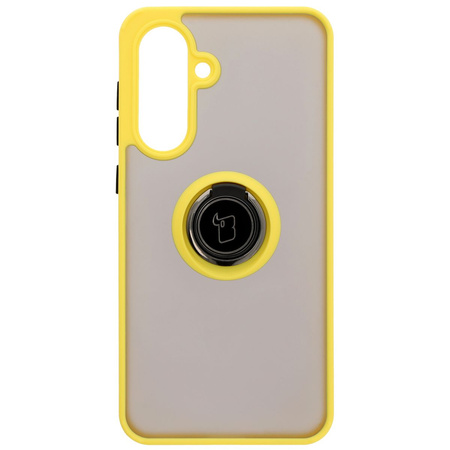 Etui z uchwytem na palec Bizon Case Hybrid Ring do Galaxy A36 5G / A56 5G, przydymione z żółtą ramką