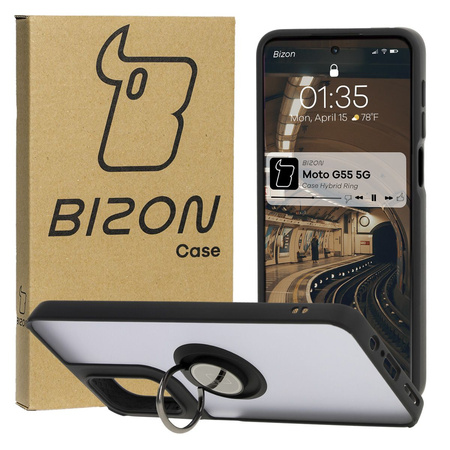 Etui z uchwytem na palec Bizon Case Hybrid Ring do Motorola Moto G55 5G, przydymione z czarną ramką