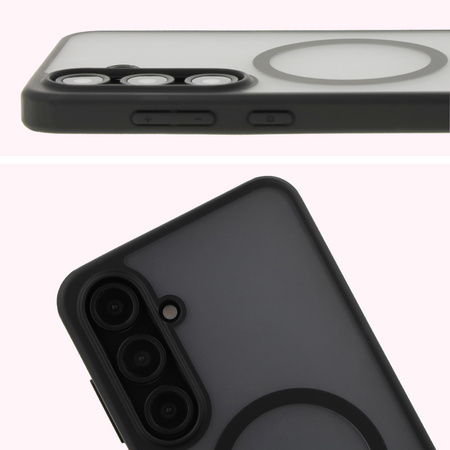 Etui z pierścieniem magnetycznym Bizon Case MatteO do Galaxy S24 FE, półprzezroczyste z czarną ramką