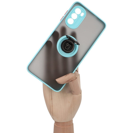 Etui z uchwytem na palec Bizon Case Hybrid Ring do Motorola Moto G52 / G82, przydymione z jasnoniebieską ramką