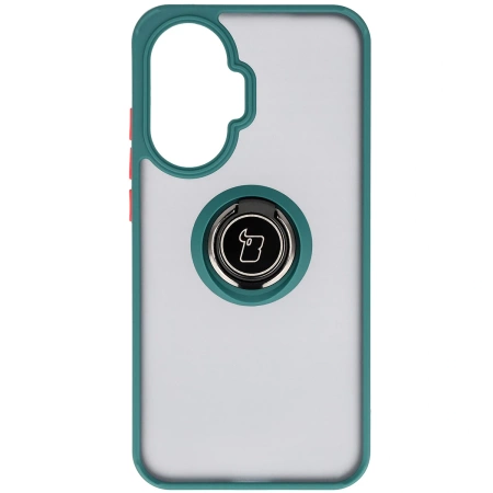 Etui z uchwytem na palec Bizon Case Hybrid Ring do Xiaomi POCO F7, przydymione z ciemnozieloną ramką