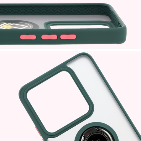Etui z uchwytem na palec Bizon Case Hybrid Ring do Xiaomi 14T, przydymione z ciemnozieloną ramką
