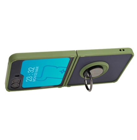 Etui z uchwytem na palec Bizon Case Hybrid Ring do Galaxy Z Flip5, przydymione z zieloną ramką