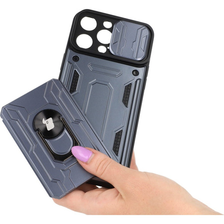 Etui Bizon Case Camshield Card Slot Ring do iPhone 14 Pro Max, szare