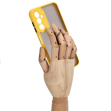 Etui z uchwytem na palec Bizon Case Hybrid Ring do Galaxy A14 4G / 5G, przydymione z żółtą ramką