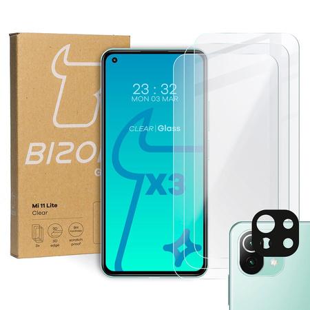 Szkło hartowane Bizon Glass Clear - 3 szt. + obiektyw, Xiaomi Mi 11 Lite / 5G / 5G NE