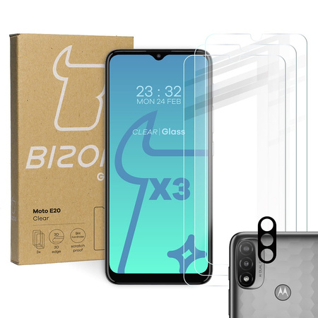 Szkło hartowane Bizon Glass Clear - 3 szt. + obiektyw, Moto E20