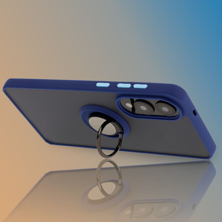 Etui z uchwytem na palec Bizon Case Hybrid Ring do Galaxy S25 Edge, przydymione z granatową ramką