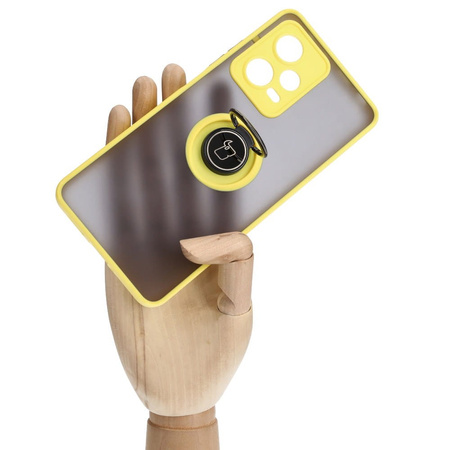 Etui z uchwytem na palec Bizon Case Hybrid Ring do Xiaomi Redmi Note 12 Pro 5G, przydymione z żółtą ramką