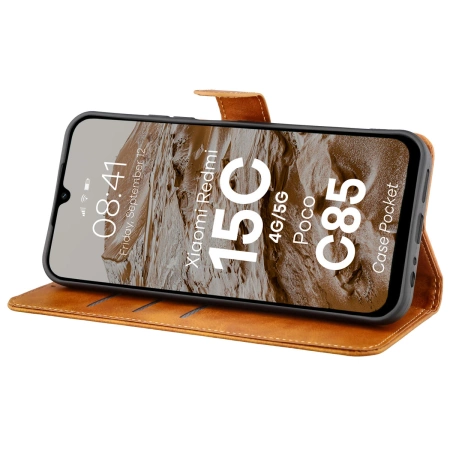 Etui z klapką Bizon Case Pocket do Xiaomi Redmi 15C 4G/5G / Poco C85, brązowe