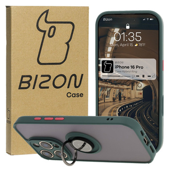 Etui z uchwytem na palec Bizon Case Hybrid Ring do iPhone 16 Pro, przydymione z ciemnozieloną ramką