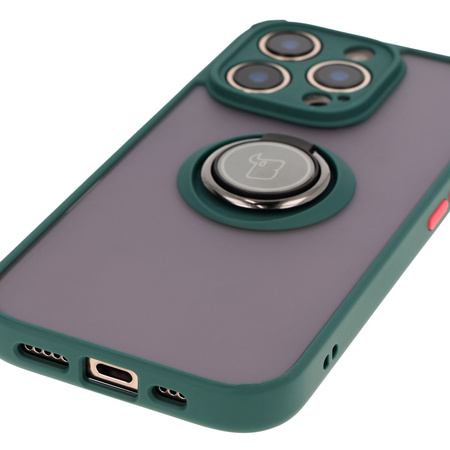 Etui z uchwytem na palec Bizon Case Hybrid Ring do iPhone 16 Pro, przydymione z ciemnozieloną ramką