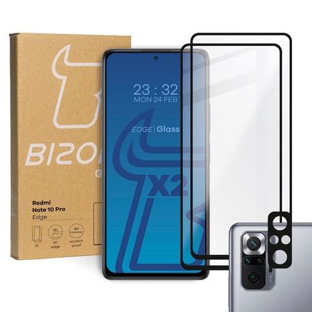 Szkło hartowane Bizon Glass Edge - 2 sztuki + ochrona na obiektyw, Redmi Note 10 Pro, czarne