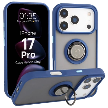 Etui z uchwytem na palec Bizon Case Hybrid Ring do iPhone 17 Pro, przydymione z granatową ramką