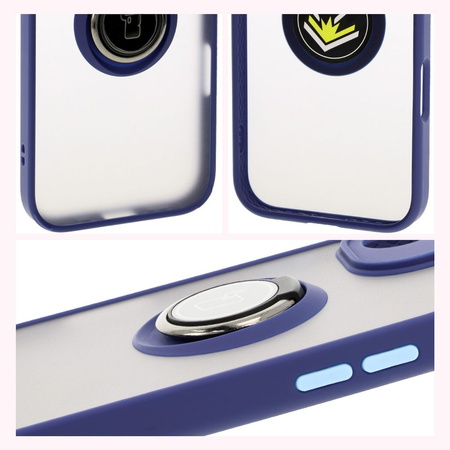 Etui z uchwytem na palec Bizon Case Hybrid Ring do iPhone 16, przydymione z granatową ramką